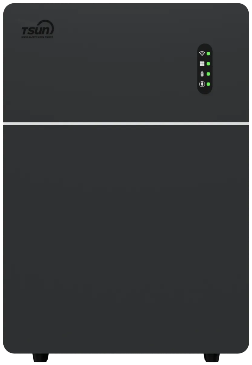 The MAU16000, a dark grey TSUN battery unit with status lights