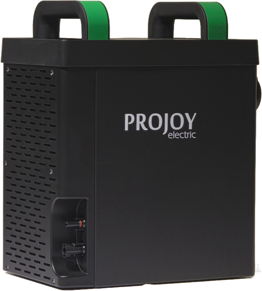 The Power Pack, a black portable battery with two green carry handles